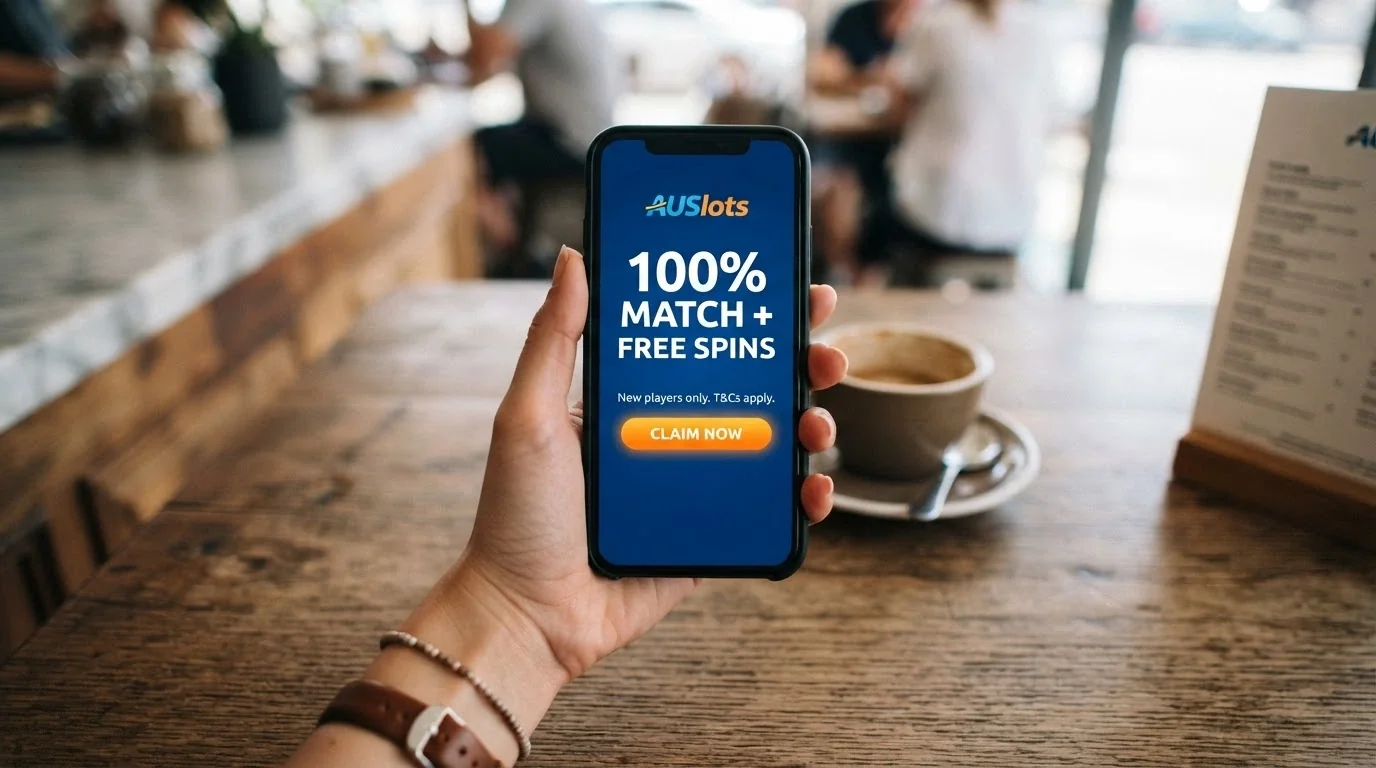 A smartphone held in one hand displaying a casino welcome-offer screen with “100% match + free spins” visible, photographed against an out-of-focus café or lounge background — no real brand visible.