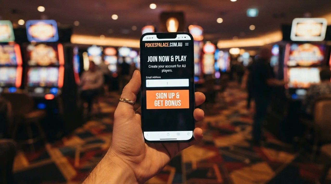 A hand holding a smartphone displaying a casino sign-up form with an email verification prompt, against a blurred background of pokies reels