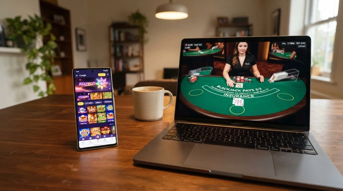 A split-frame image showing a casino lobby on a phone screen beside a live dealer blackjack table on a laptop