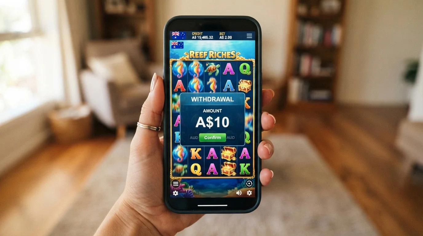 A smartphone held in one hand showing a pokies game in a mobile browser, with the cashier overlay displaying a A$10 deposit amount