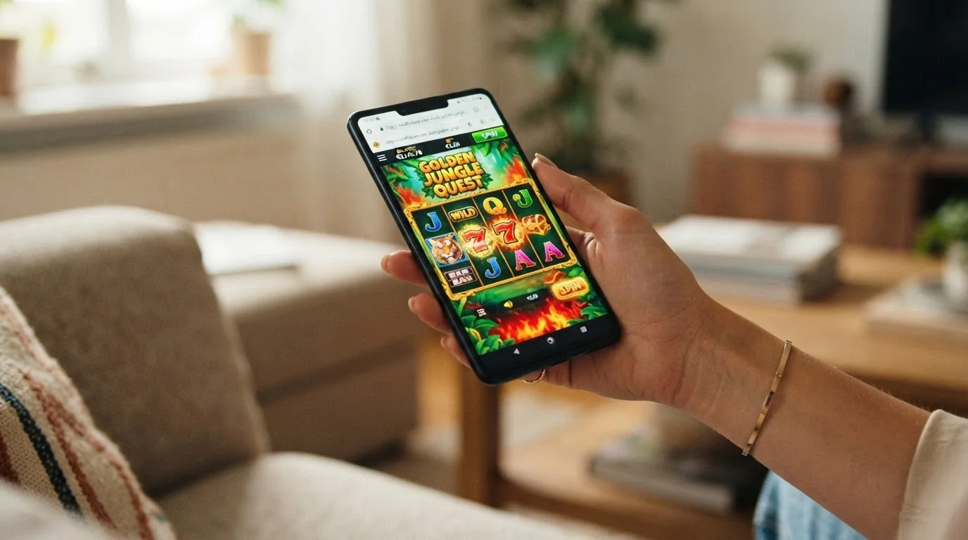 A modern smartphone held in one hand displaying a colourful online pokies game in landscape mode, with a browser address bar visible