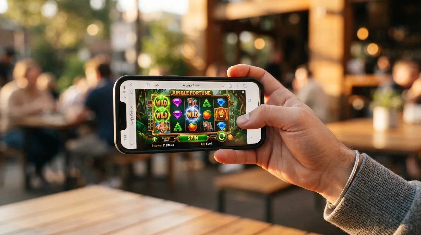 A hand holding a smartphone in landscape orientation with a colourful online pokies game running in a mobile browser
