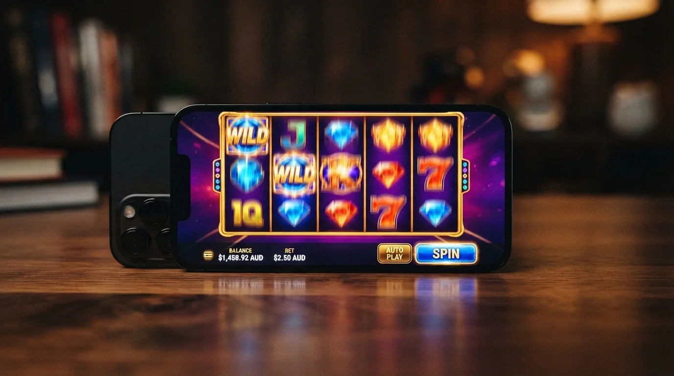 A smartphone held in landscape orientation showing a colourful online pokies game mid-spin with five reels and a visible bet-amount display in AUD