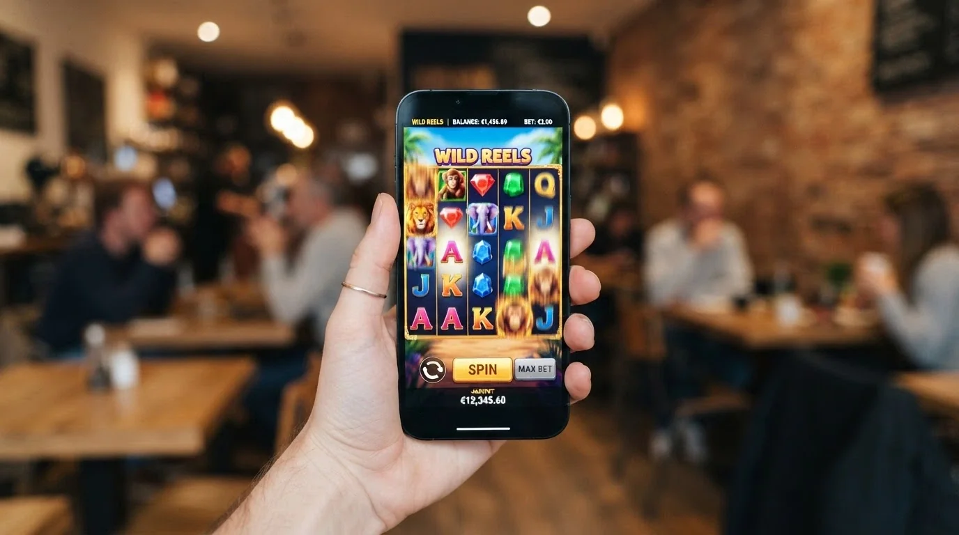 A hand holding a smartphone with a colourful online pokie spinning, a small balance amount visible