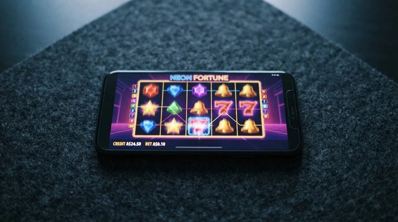 A smartphone in landscape orientation displaying a pokies game with a A$0.10 bet-per-spin indicator visible on screen