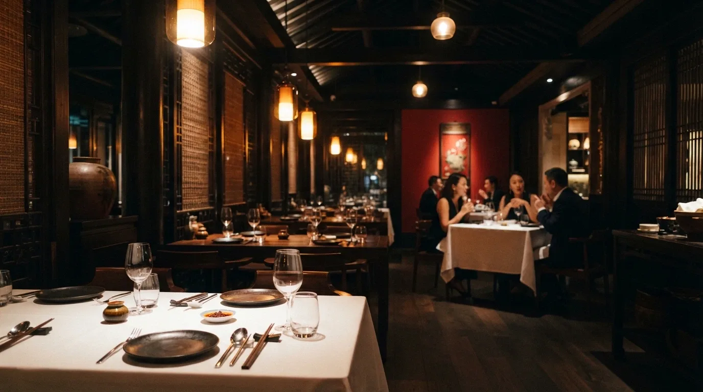 The interior of Natural Nine restaurant at Casino Canberra, showing tables set for dinner with the Shanghainese-influenced décor