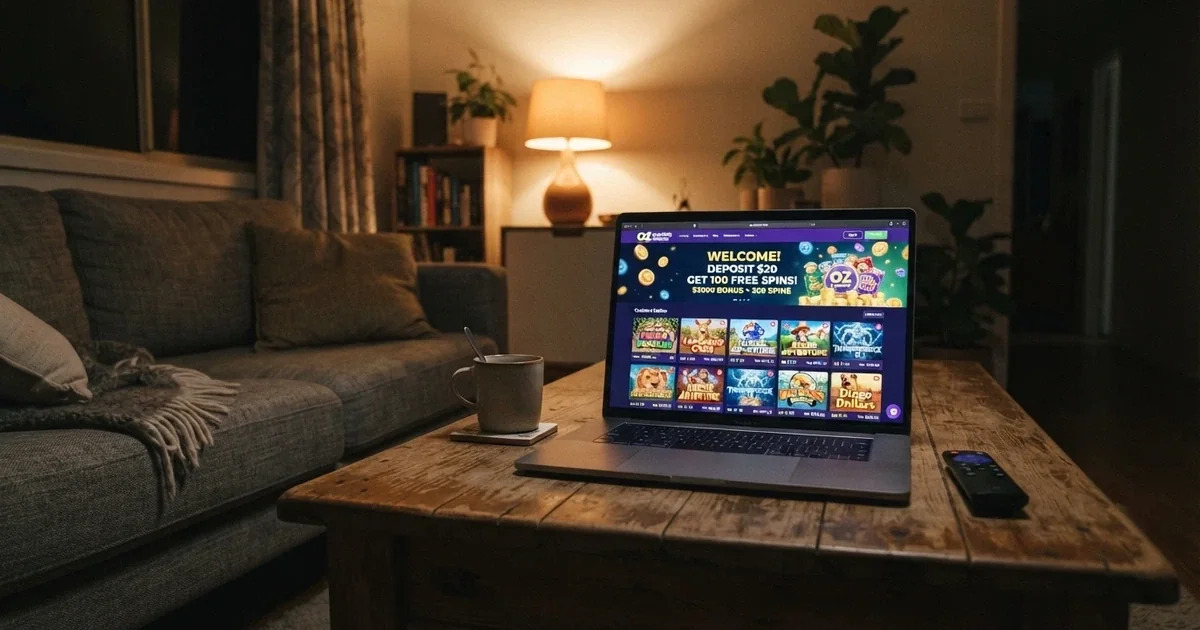 A laptop screen showing an online casino lobby with a no-deposit bonus banner, set against a dimmed Australian living-room background