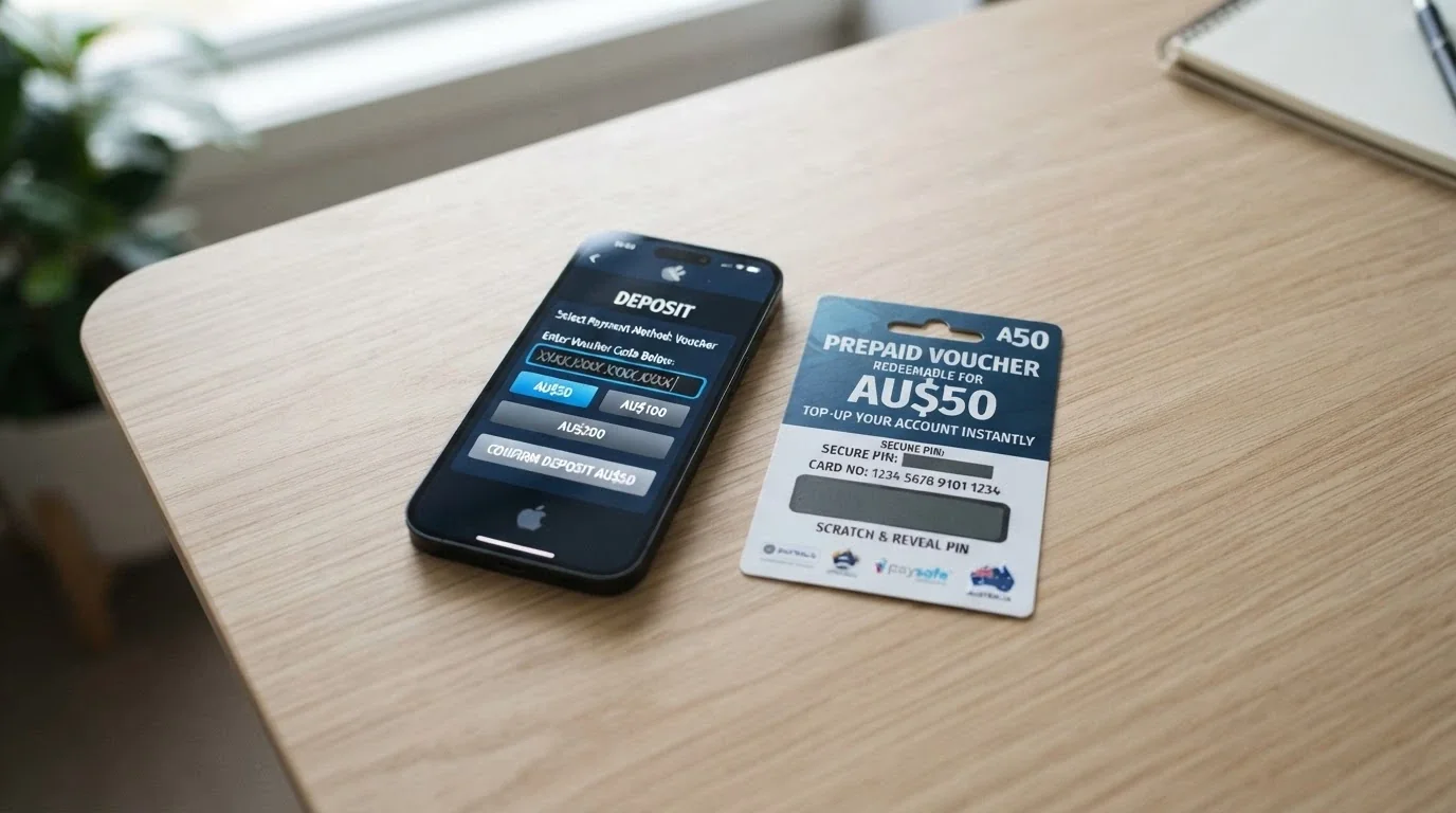 A Neosurf voucher card with its scratch-off PIN field visible, sitting next to a smartphone showing a casino deposit screen with Neosurf selected as the method