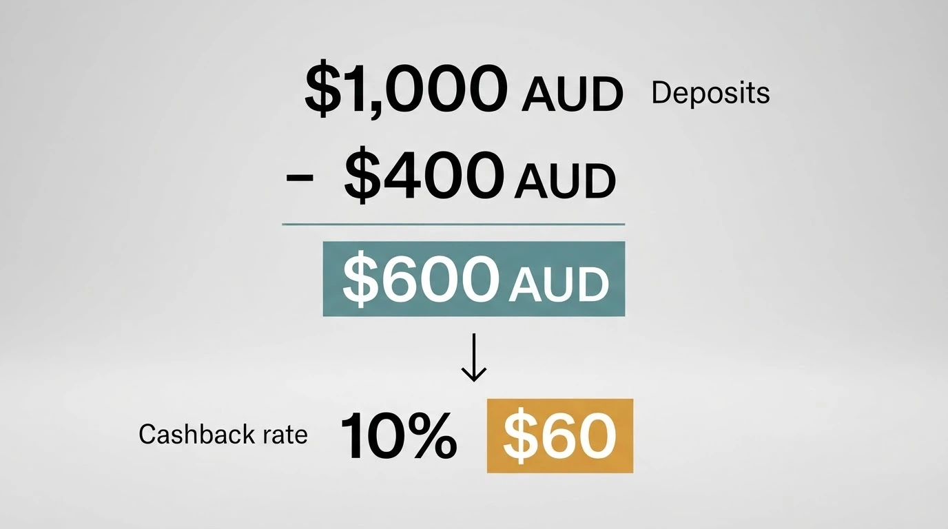 A simple diagram showing total deposits minus total withdrawals equals net loss, with an arrow pointing to a cashback percentage applied to that figure