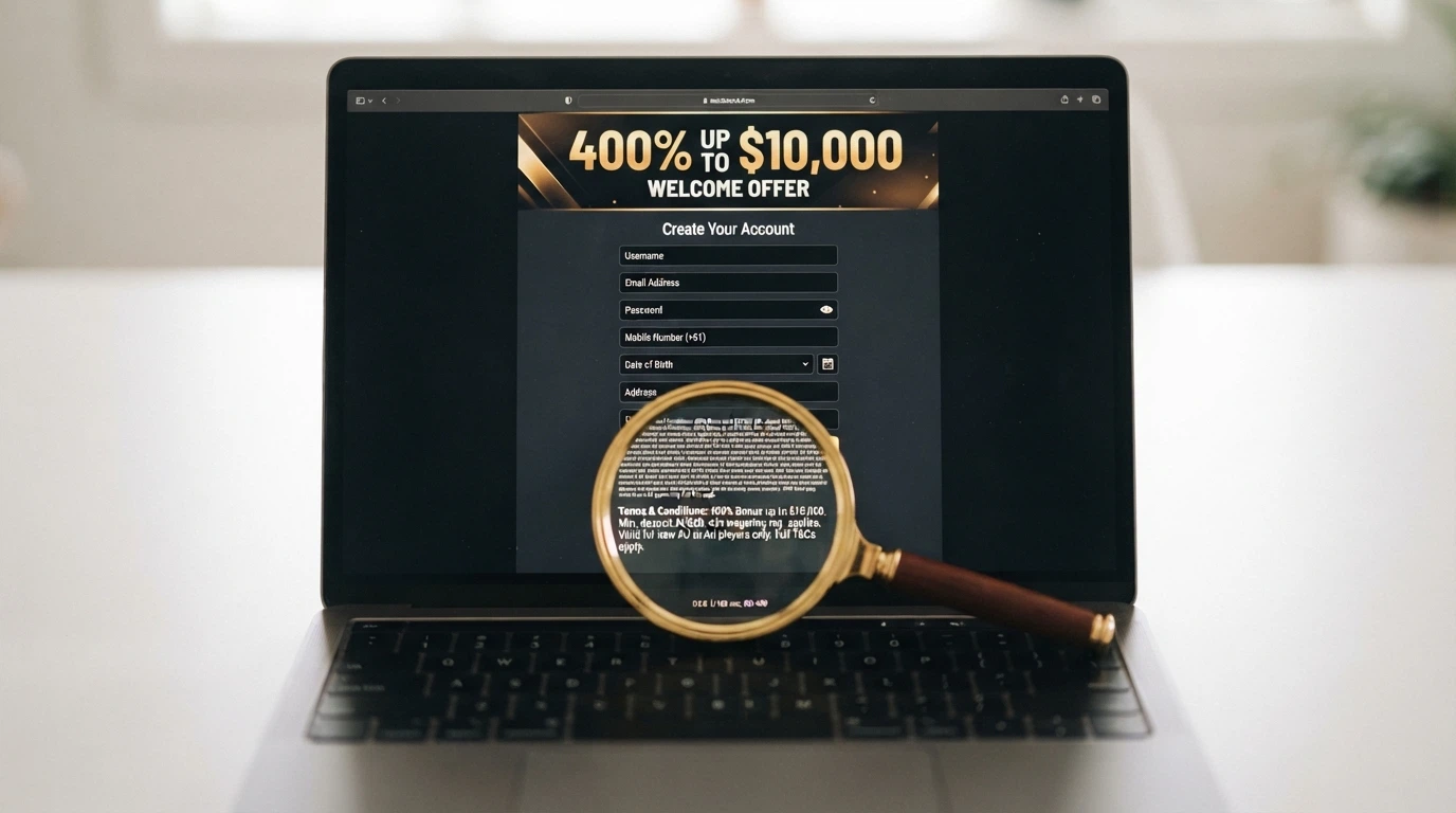 A registration screen with a welcome-offer banner at the top (“400% UP TO $10,000”) and a small-print terms panel below it, with a magnifying glass hovering over the minimum-deposit clause