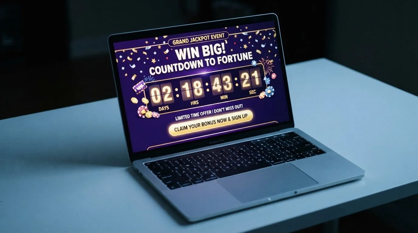 A freshly launched casino landing page with a bold launch promotion banner, confetti-style graphics, and a prominent sign-up button below a countdown timer