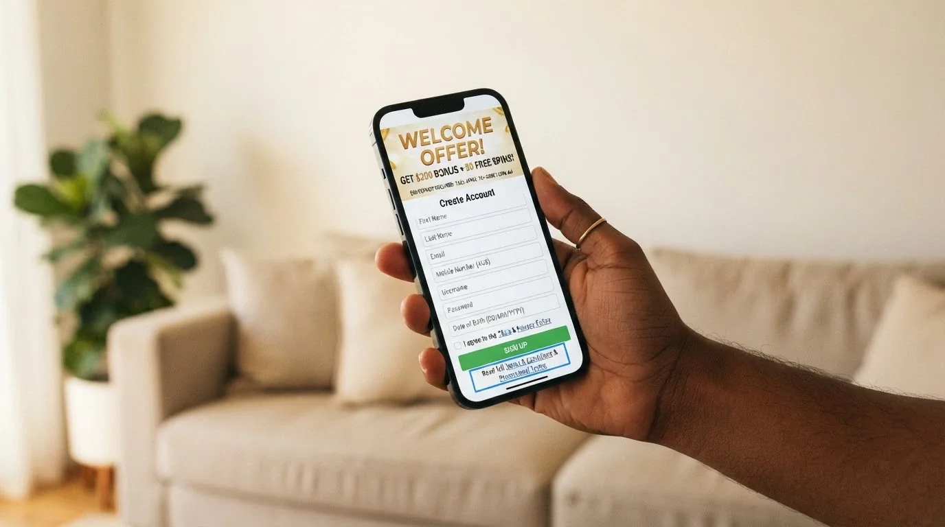 A sign-up screen on a phone showing a welcome-offer banner with terms and conditions link highlighted
