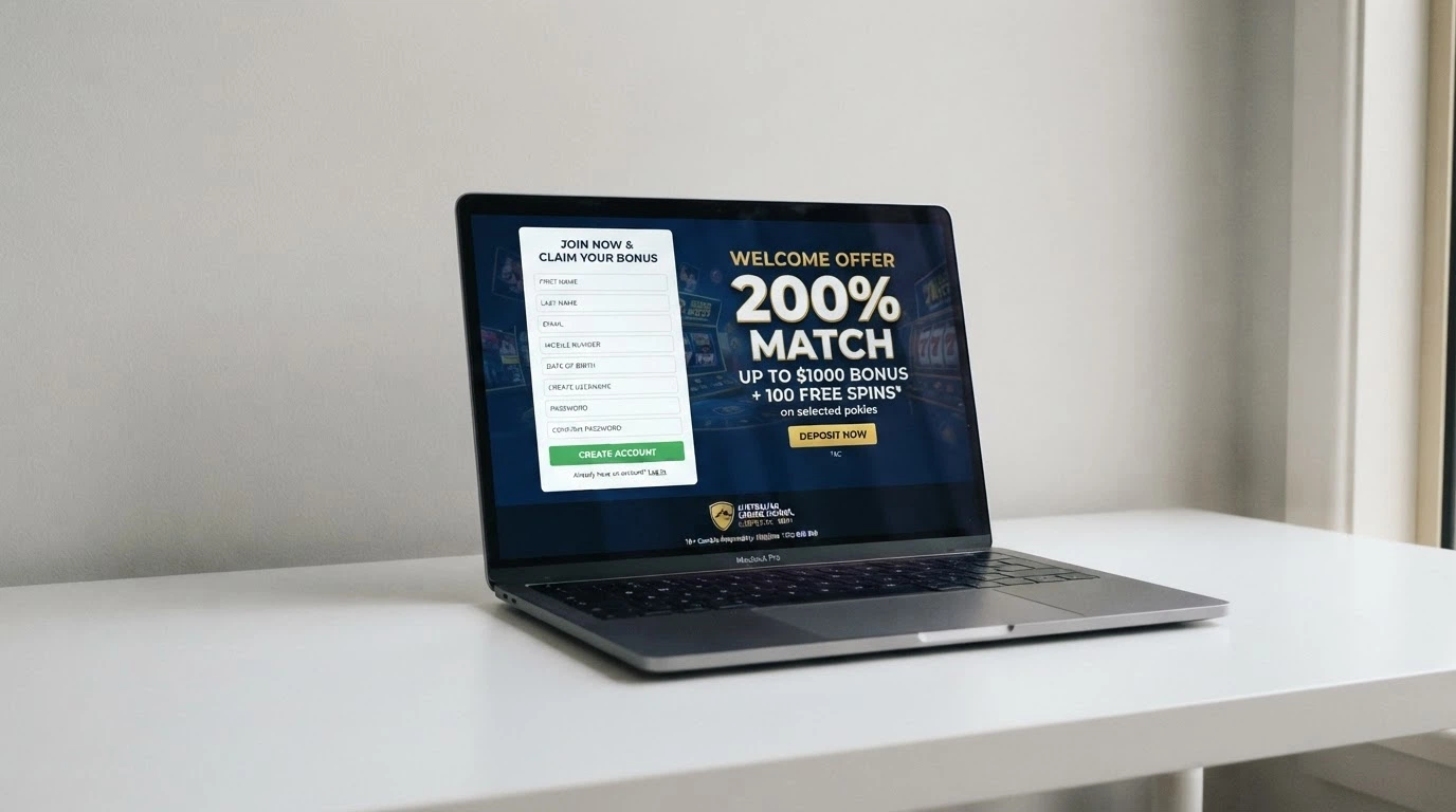 A welcome-offer landing page from a newly launched casino, showing a registration form beside a deposit-match banner, with a Curacao licence badge visible in the footer