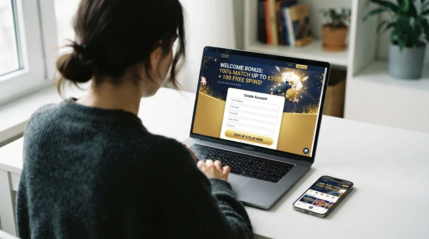 A registration form on a laptop screen with a welcome-offer banner above it, a mobile phone beside it showing the same casino homepage