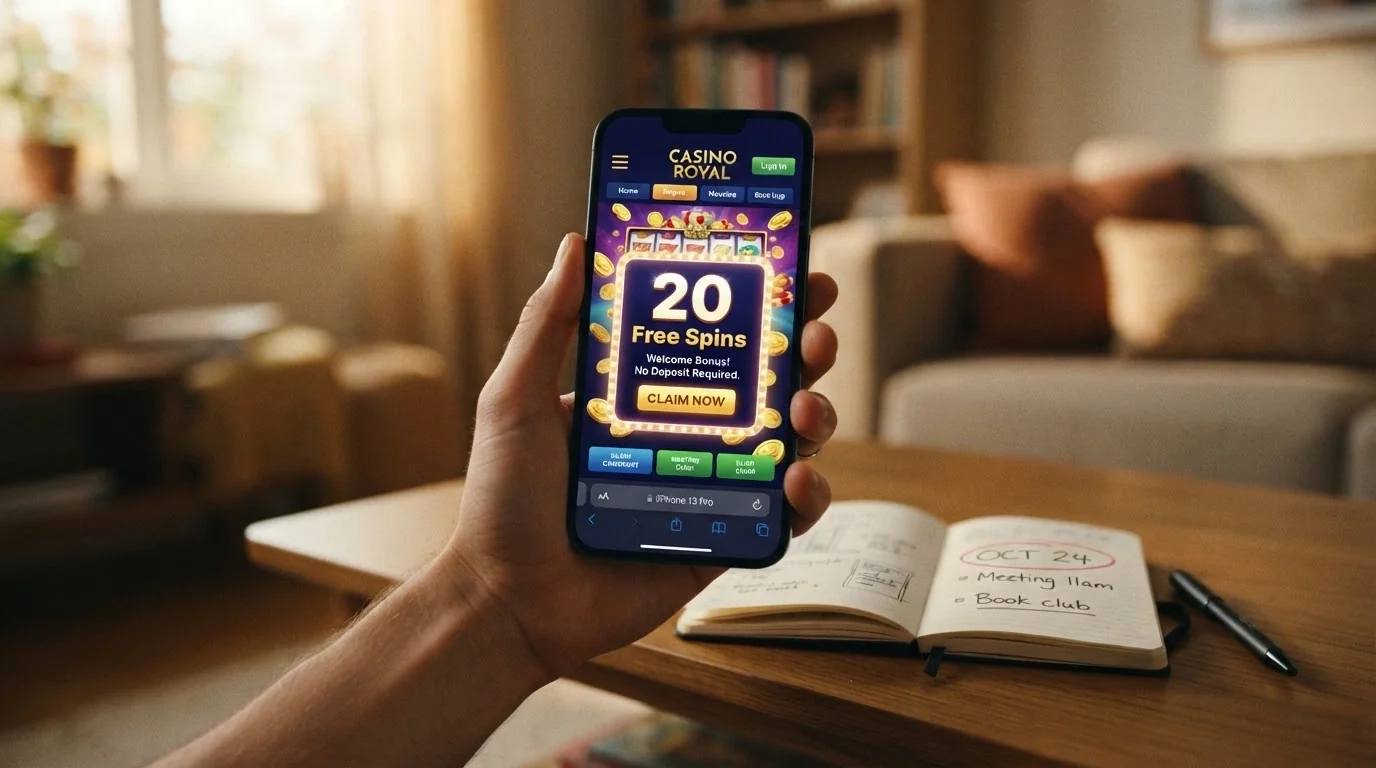 A fresh casino welcome screen with a “20 Free Spins” pop-up on a smartphone, calendar showing June 2026 circled in the background