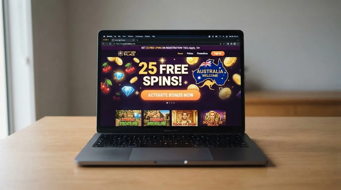 A freshly launched casino homepage with a prominent “25 Free Spins No Deposit” hero banner, but with a URL bar showing a domain that is only weeks old and a small Curacao licence badge