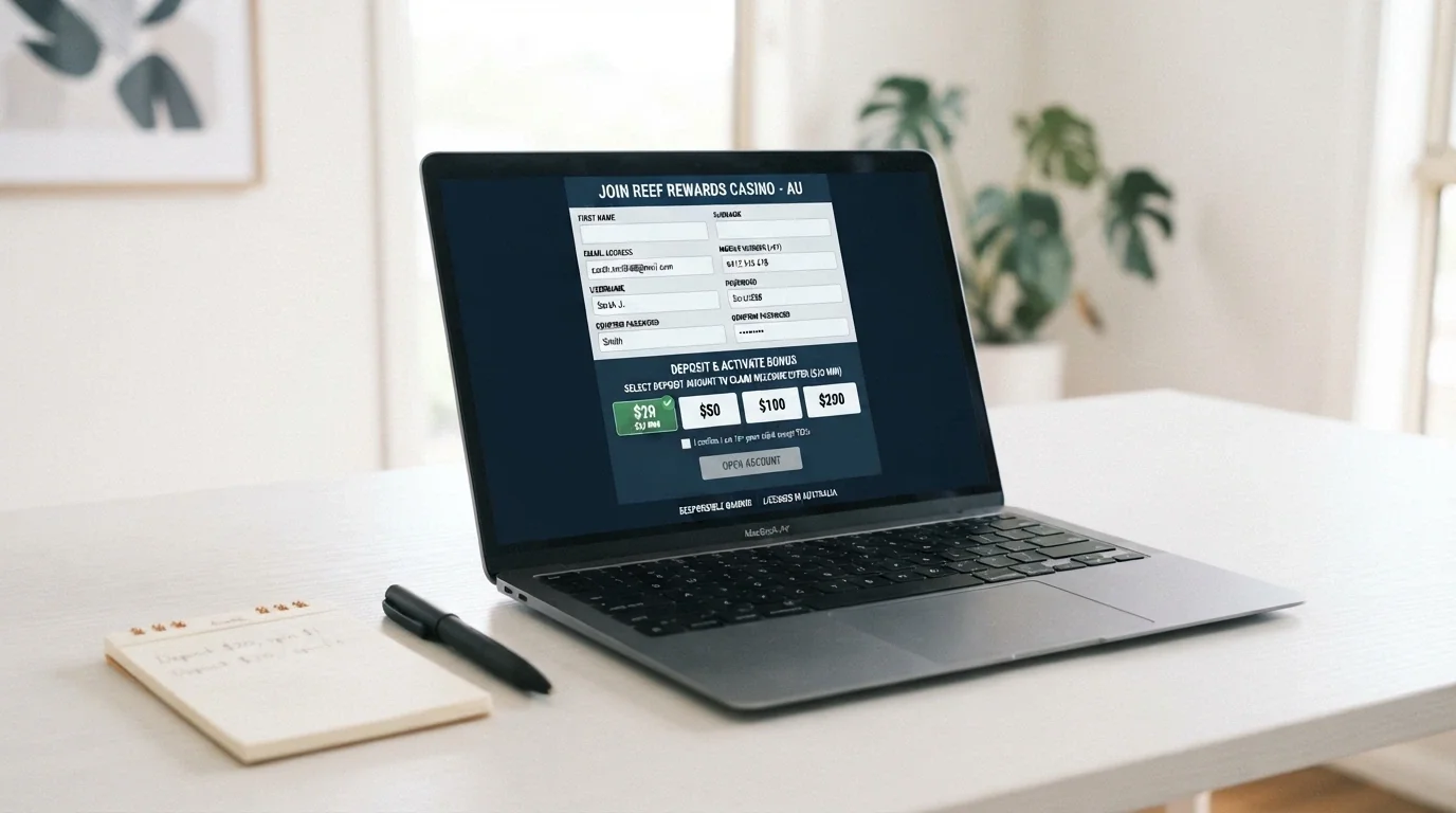 A registration form on a pokies site with Australian-friendly deposit options and a $20 minimum visible
