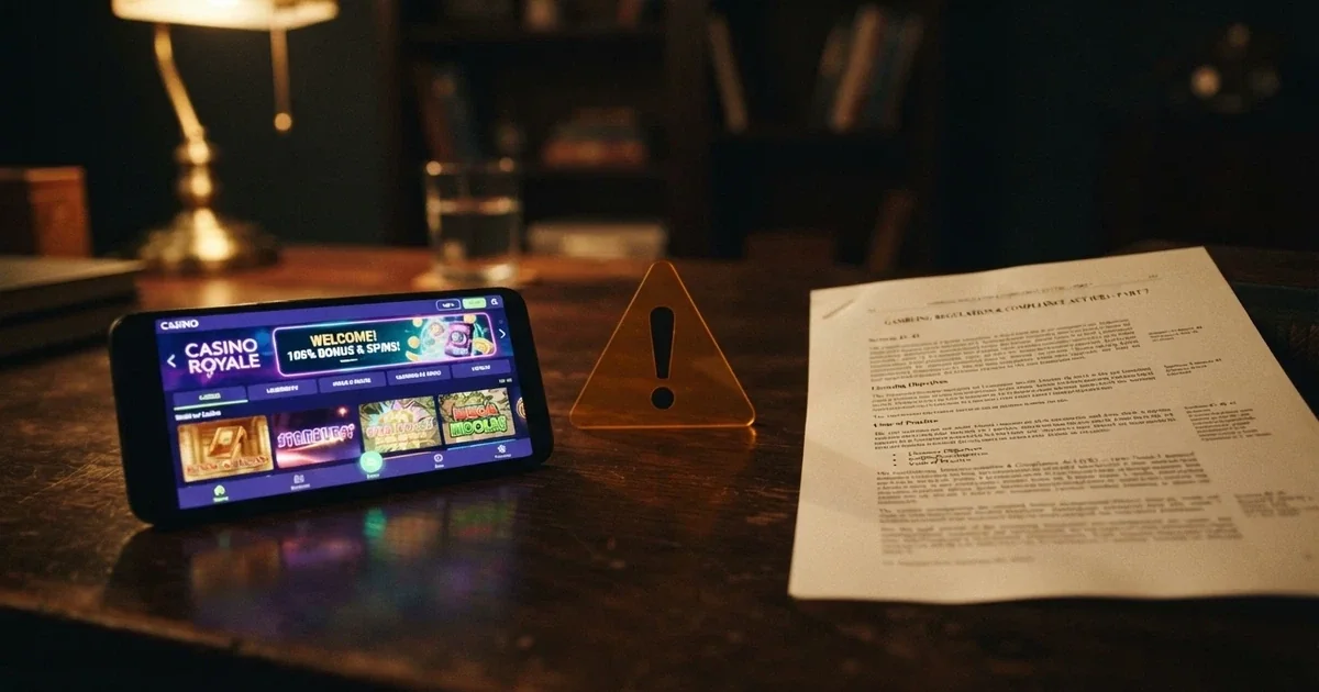 A split-screen showing a glossy casino lobby on one side and the text of the Interactive Gambling Act 2001 on the other, with a warning icon between them