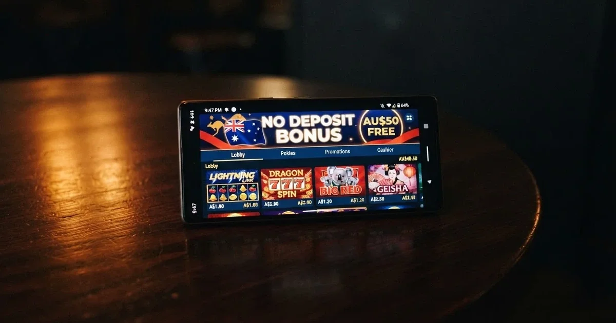 A smartphone screen showing an online casino lobby with a “no deposit bonus” banner and pokies thumbnails, set against a darker background that suggests caution
