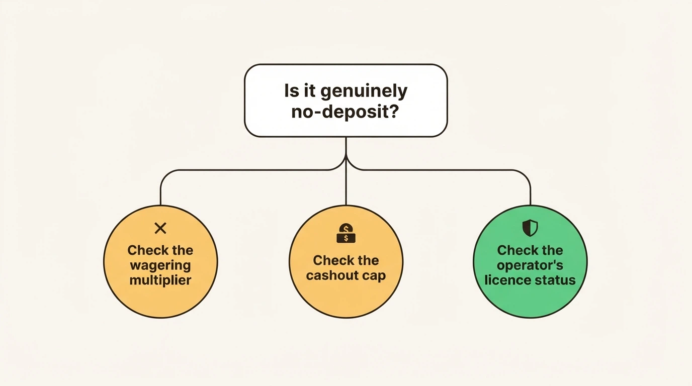 A decision-tree graphic starting with “Is it genuinely no-deposit?” branching to “Check the wagering ×,” “Check the cashout cap,” and “Check the operator's licence status”