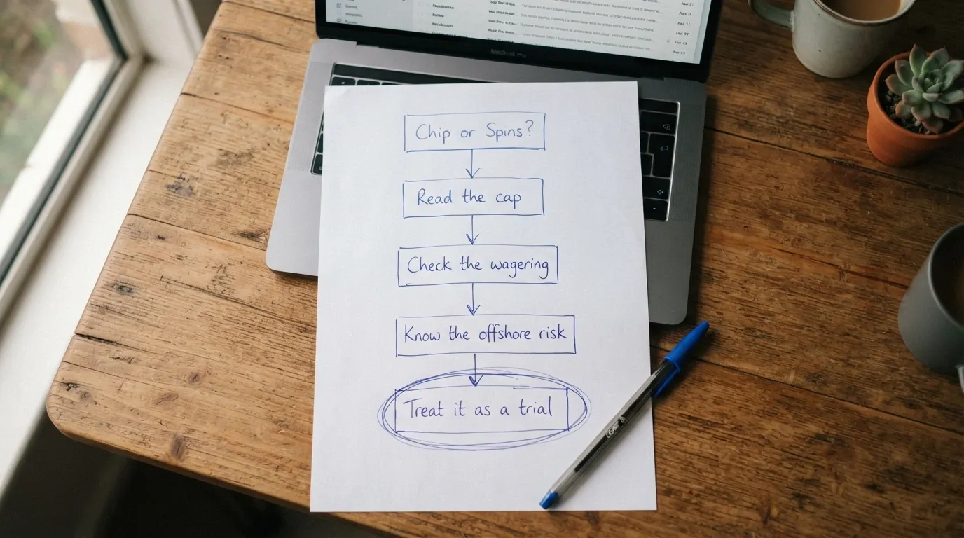 A simple decision-flow sketch on paper: “Chip or Spins?” → “Read the cap” → “Check the wagering” → “Know the offshore risk”, with a circled final step reading “Treat it as a trial”