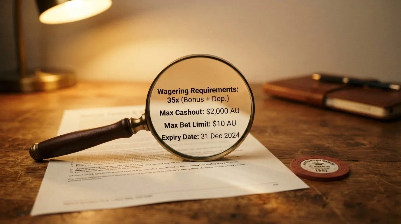 A magnifying glass held over a bonus-terms pop-up, with the wagering multiplier, max cashout figure and expiry date enlarged in the lens