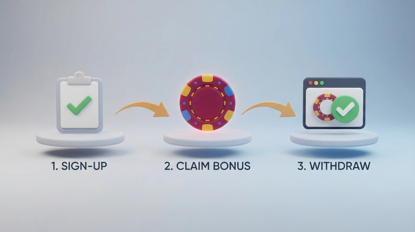 A three-step visual flow showing sign-up, bonus credit landing in the account and the wagering-complete withdrawal screen