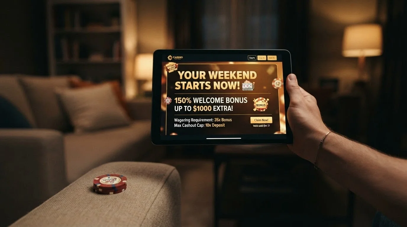 A casino promotions page showing a no-deposit bonus offer with the wagering requirement and max cashout figure in small print below the headline
