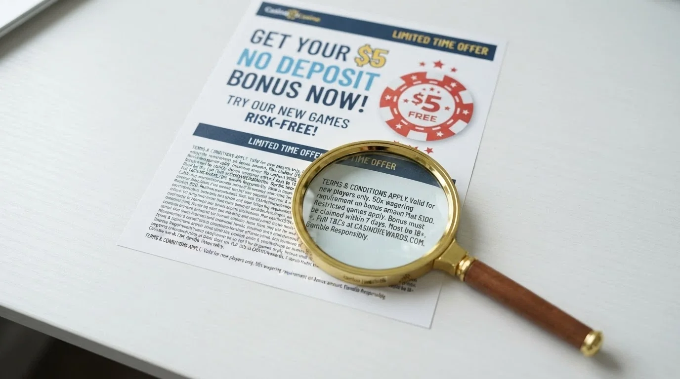 A casino promotion banner advertising a no-deposit bonus, with a magnifying glass overlay highlighting the terms-and-conditions fine print below it