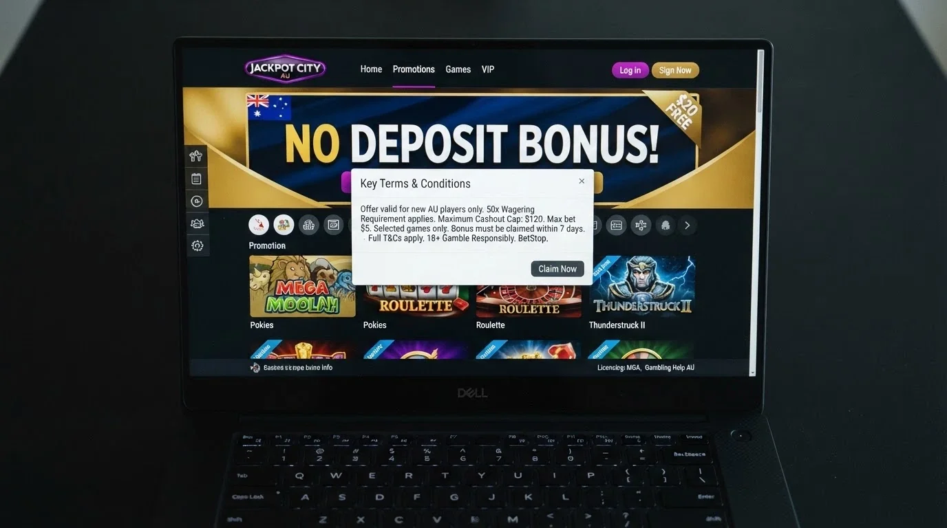 A casino promotions page with a “No Deposit Bonus” banner and a terms-and-conditions popover revealing the cashout cap in fine print