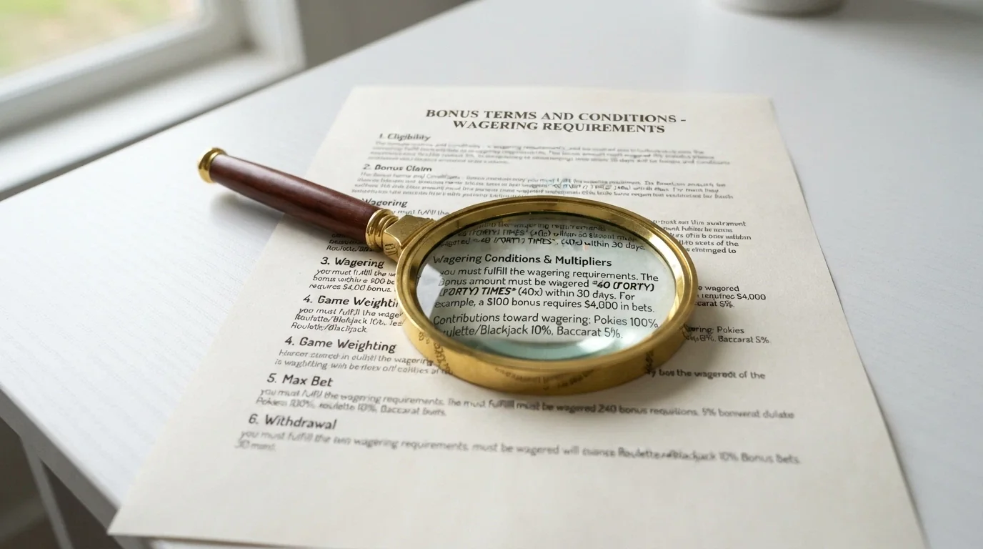 A close-up of casino bonus terms and conditions printed on a document, with a magnifying glass resting over the wagering-requirements clause