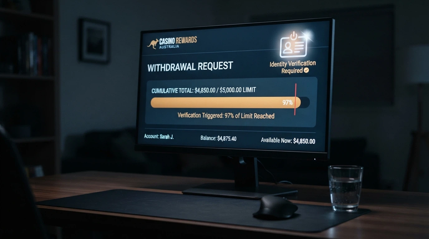 A close-up of a monitor displaying a casino withdrawal screen with a highlighted cumulative total approaching a threshold marker, alongside an identity-document icon in the corner