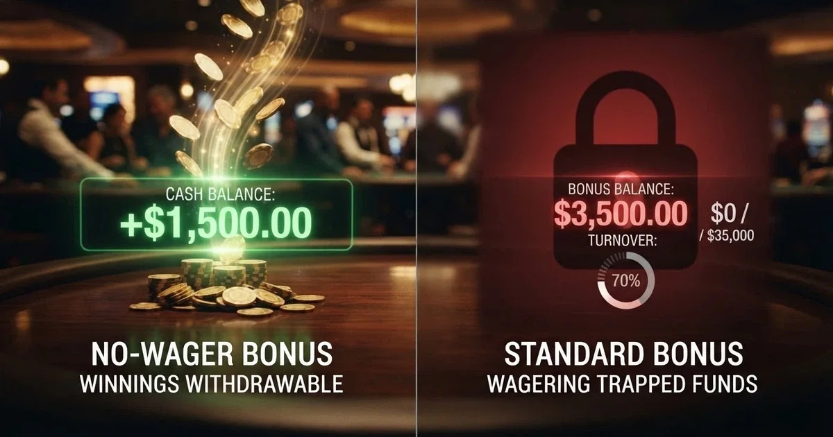 A split comparison showing a no-wager bonus on one side with winnings moving directly to a cash balance, and a standard wagering bonus on the other side with a locked bonus balance and a turnover counter