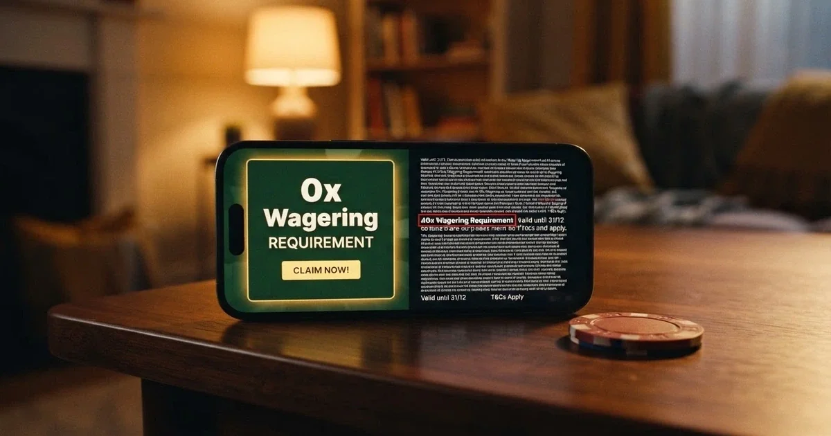A split-screen comparison: one side shows a mobile casino screen with a bonus pop-up labelled “0x Wagering — Winnings Are Yours,” the other side shows the same screen with fine-print T&Cs highlighted in red revealing a 40x playthrough clause