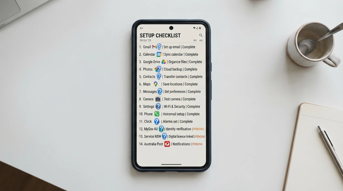 A smartphone screen showing a checklist or comparison view of several pokies app icons with question-mark overlays