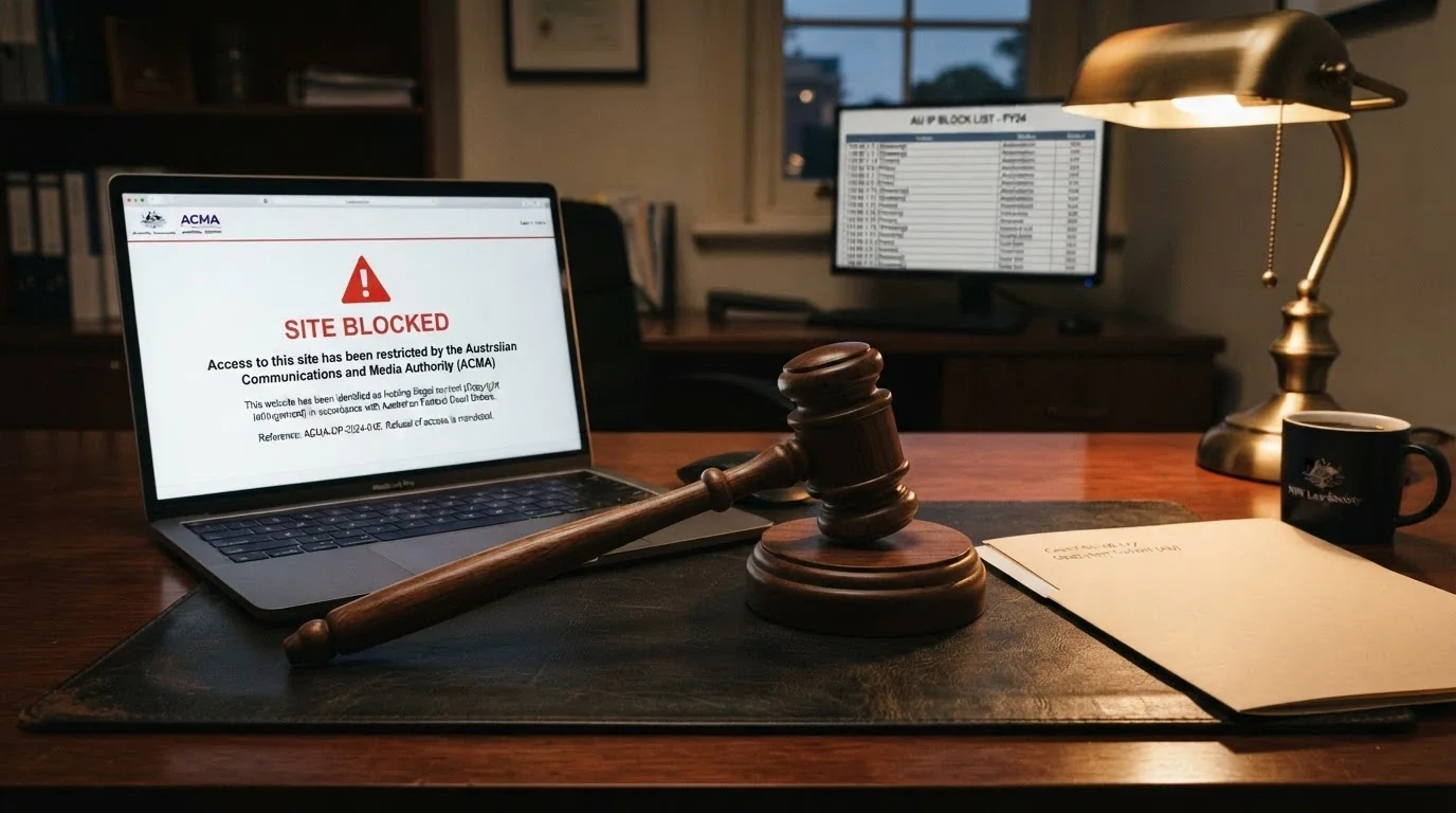 A document labelled Interactive Gambling Act 2001 beside a gavel, with a warning icon and the text 1,564 sites blocked