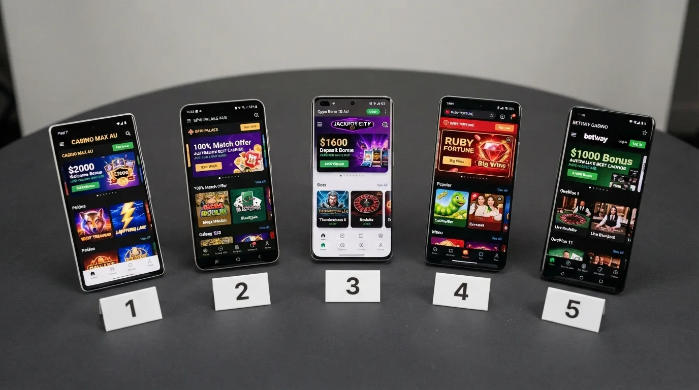 A row of Android phone screens each displaying a different casino app home screen, arranged in ranking order with legal-status labels underneath