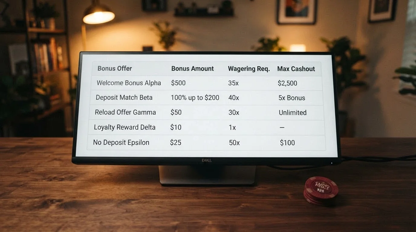 A comparison table listing offshore casino operators with columns for bonus amount, wagering multiple, and max cashout