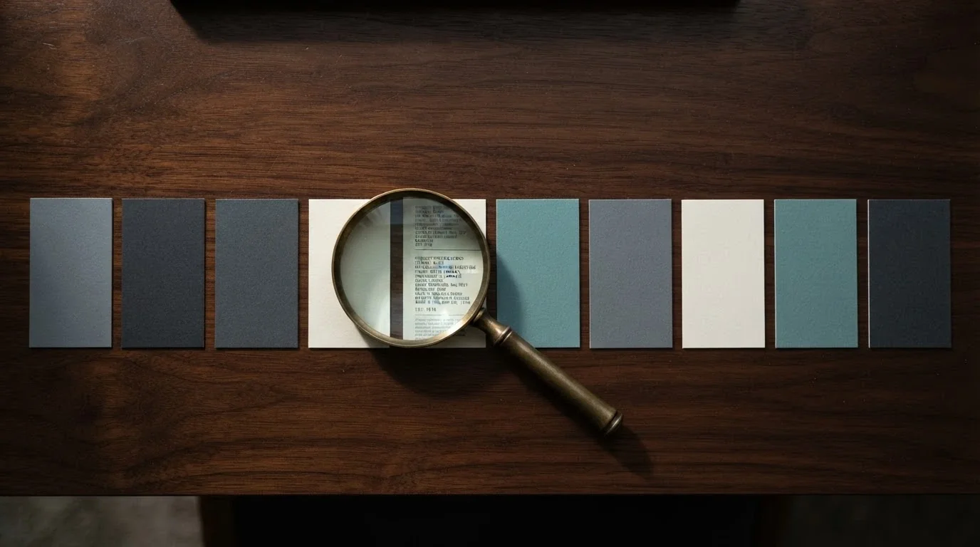 A side-by-side comparison view — ten casino-branded cards arranged on a dark surface, a magnifying glass over the terms area of one card