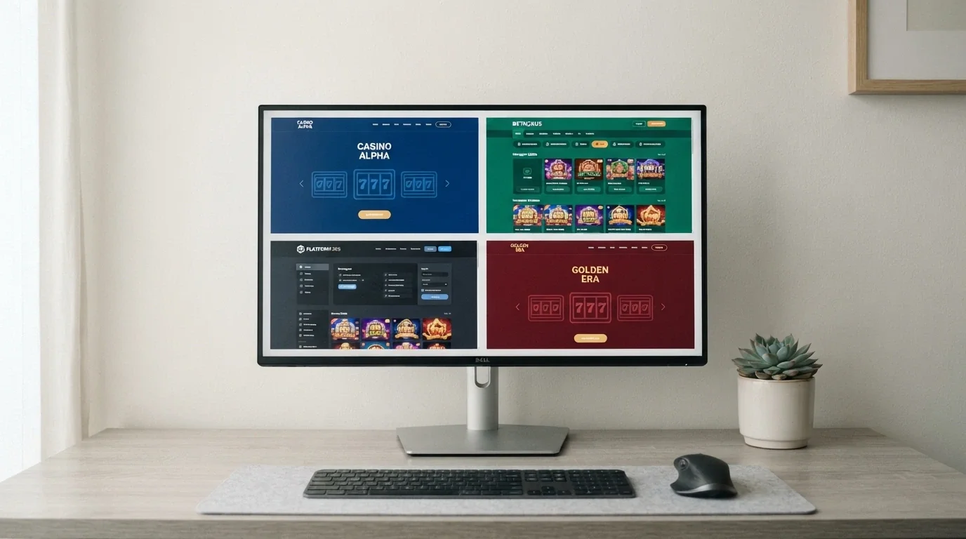 A split-screen layout showing several online casino homepages arranged side by side as if on a comparison chart