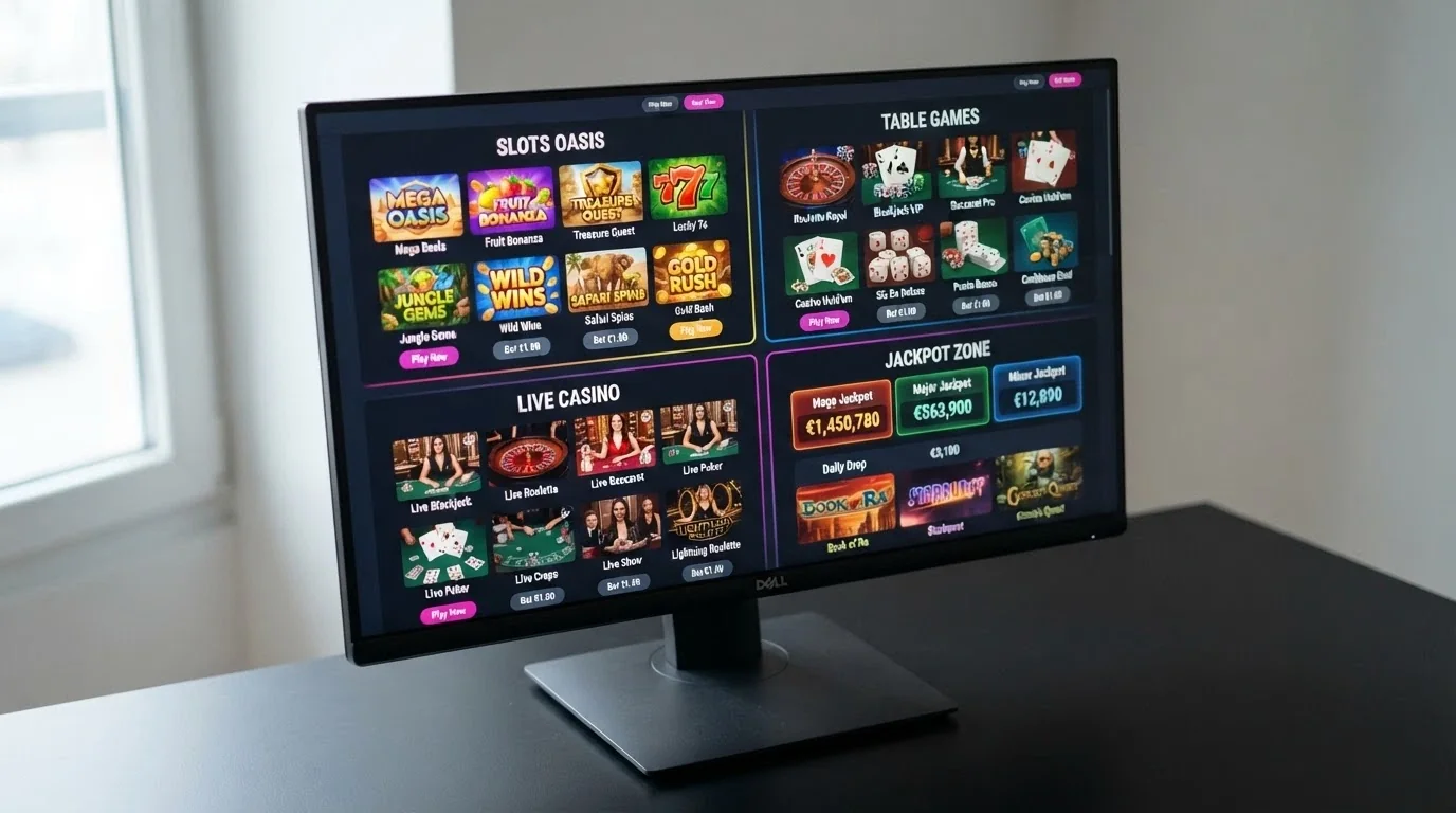A side-by-side grid of casino-brand interfaces on a desktop screen, each showing a different lobby design