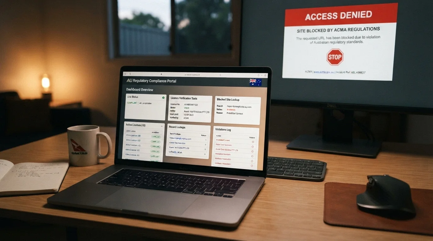 A desktop or mobile screen showing a comparison table of casino operators with columns for licence status, bonus type and no-wager availability, set against a subtle Australian regulatory context