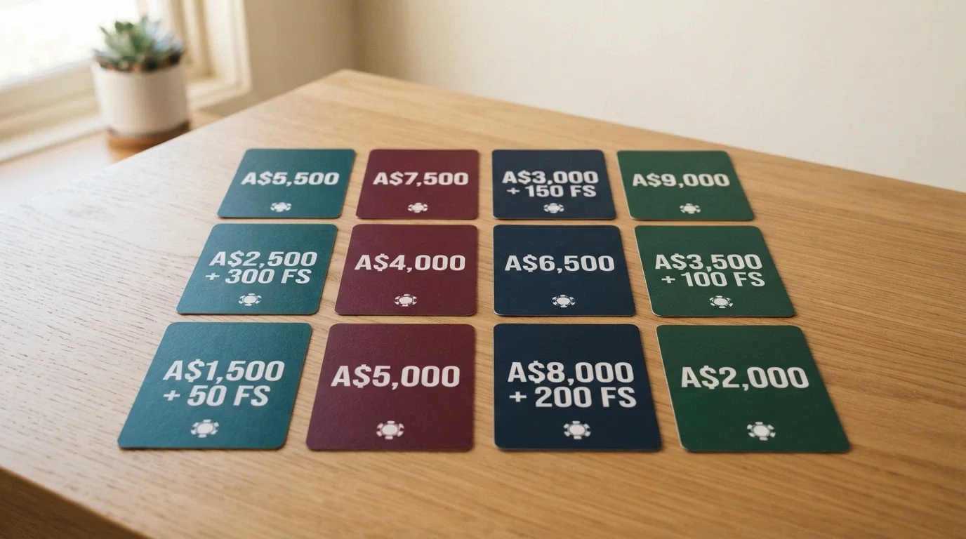 A comparison-style visual of offshore casino brand cards arranged in a grid, each showing an advertised welcome-bonus headline figure in Australian dollars
