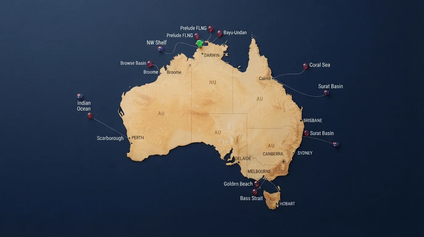 A map of Australia with nine offshore-flagged casino markers outside the continent and one licensed marker on Darwin, visually showing the regulatory split