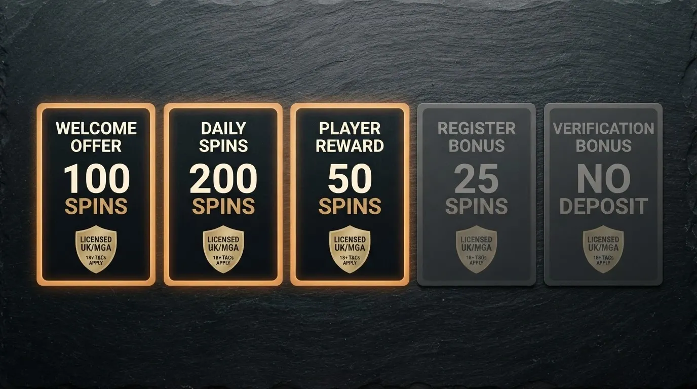 A set of casino offer cards laid out side by side, each showing a different free spin count, licence badge and key term — some glowing, others greyed out
