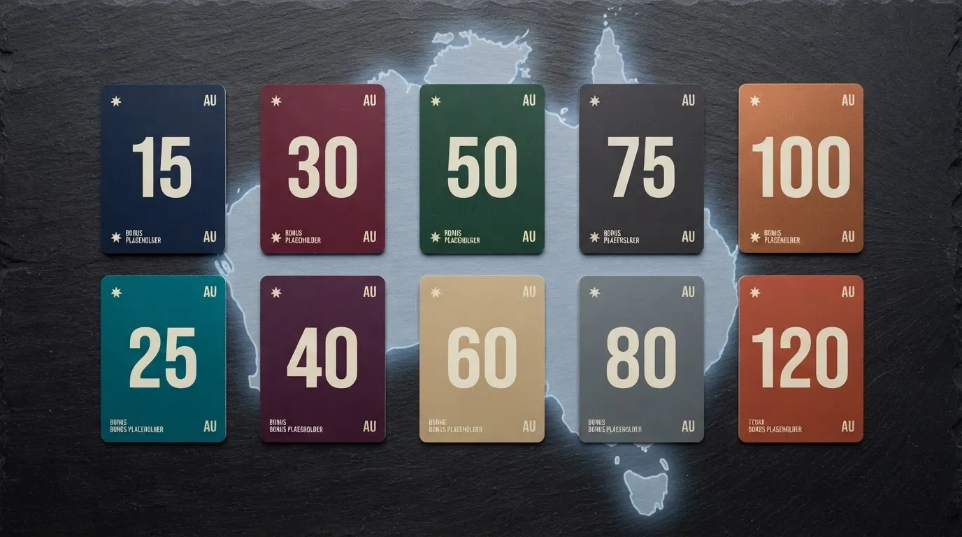 A grid of generic casino-brand placeholder cards arranged in a comparison layout, each card showing a different bonus figure, with an Australian map silhouette in the background