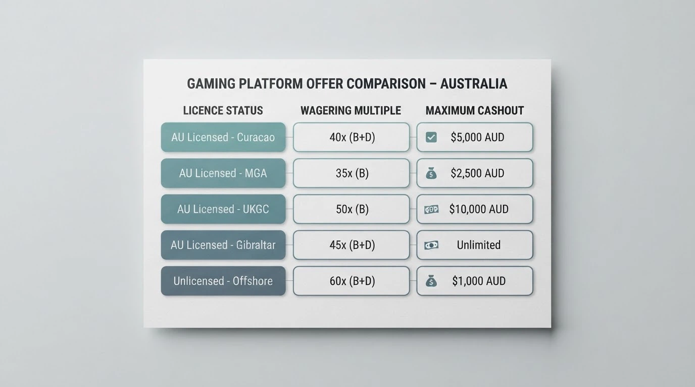 A structured comparison table with operator names, licence status, wagering multiples and max-cashout figures laid out for side-by-side reading