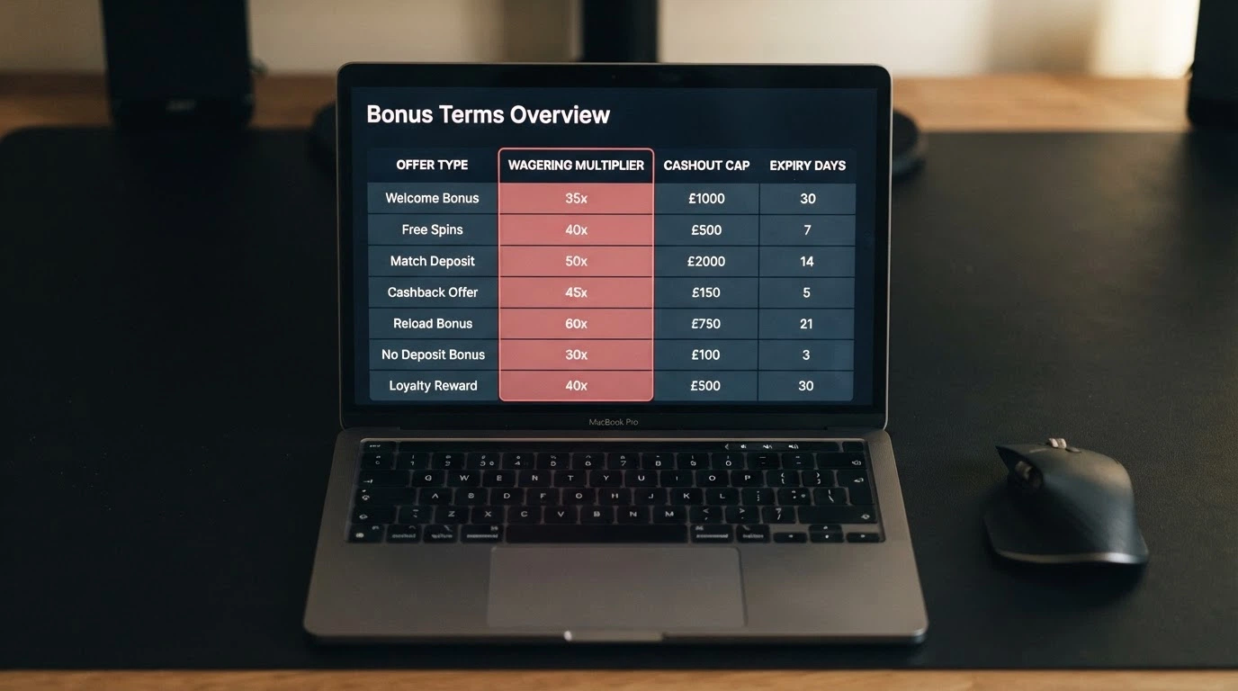 A side-by-side comparison grid of casino bonus terms displayed on a laptop screen, with the wagering column highlighted
