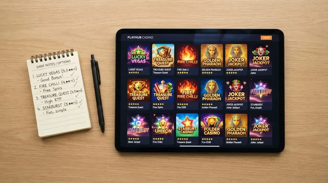 An iPad screen showing a comparison table or list of casino brands with star ratings beside each name, a finger hovering over one row