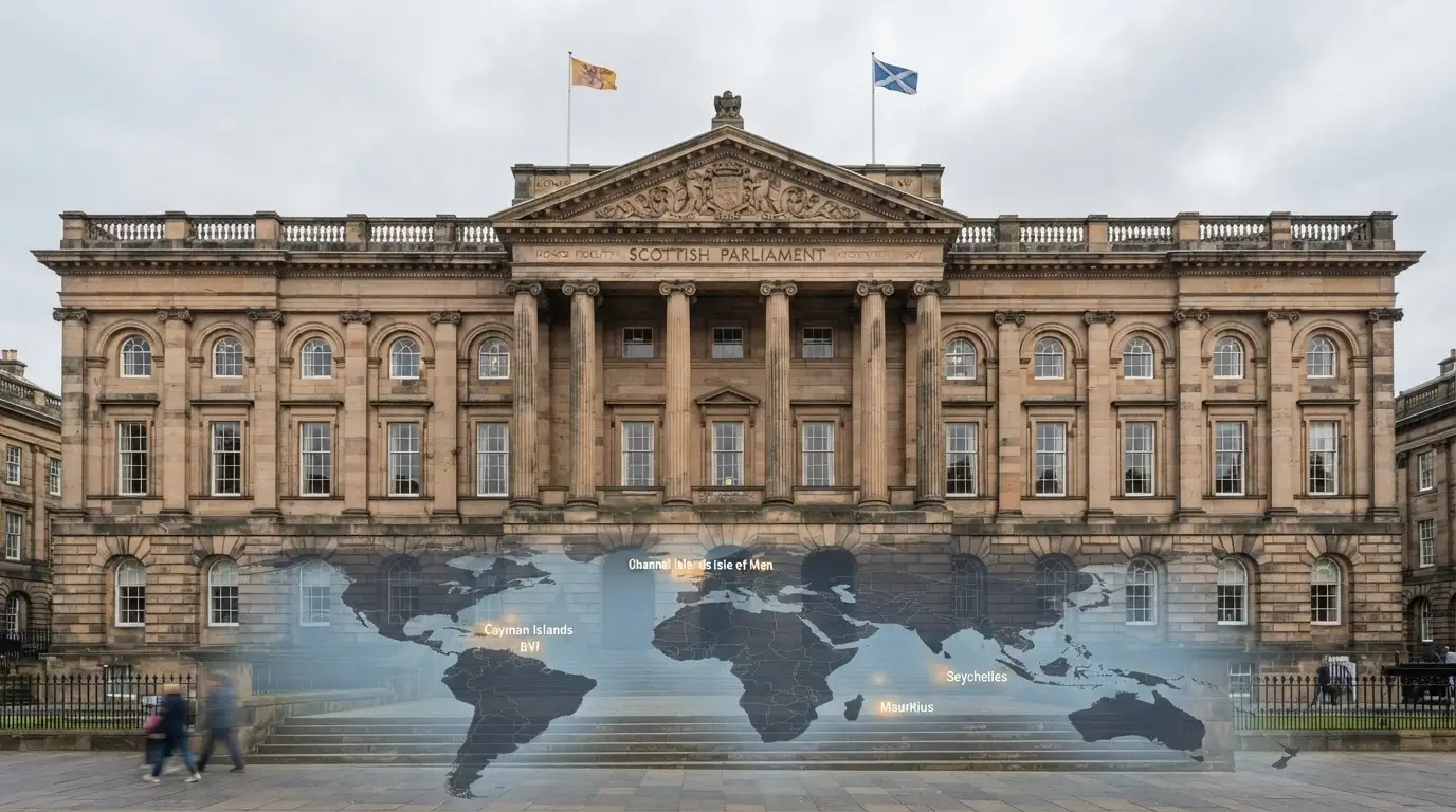 An Australian government building facade with the ACMA logo visible, overlaid with a translucent map showing offshore casino jurisdictions